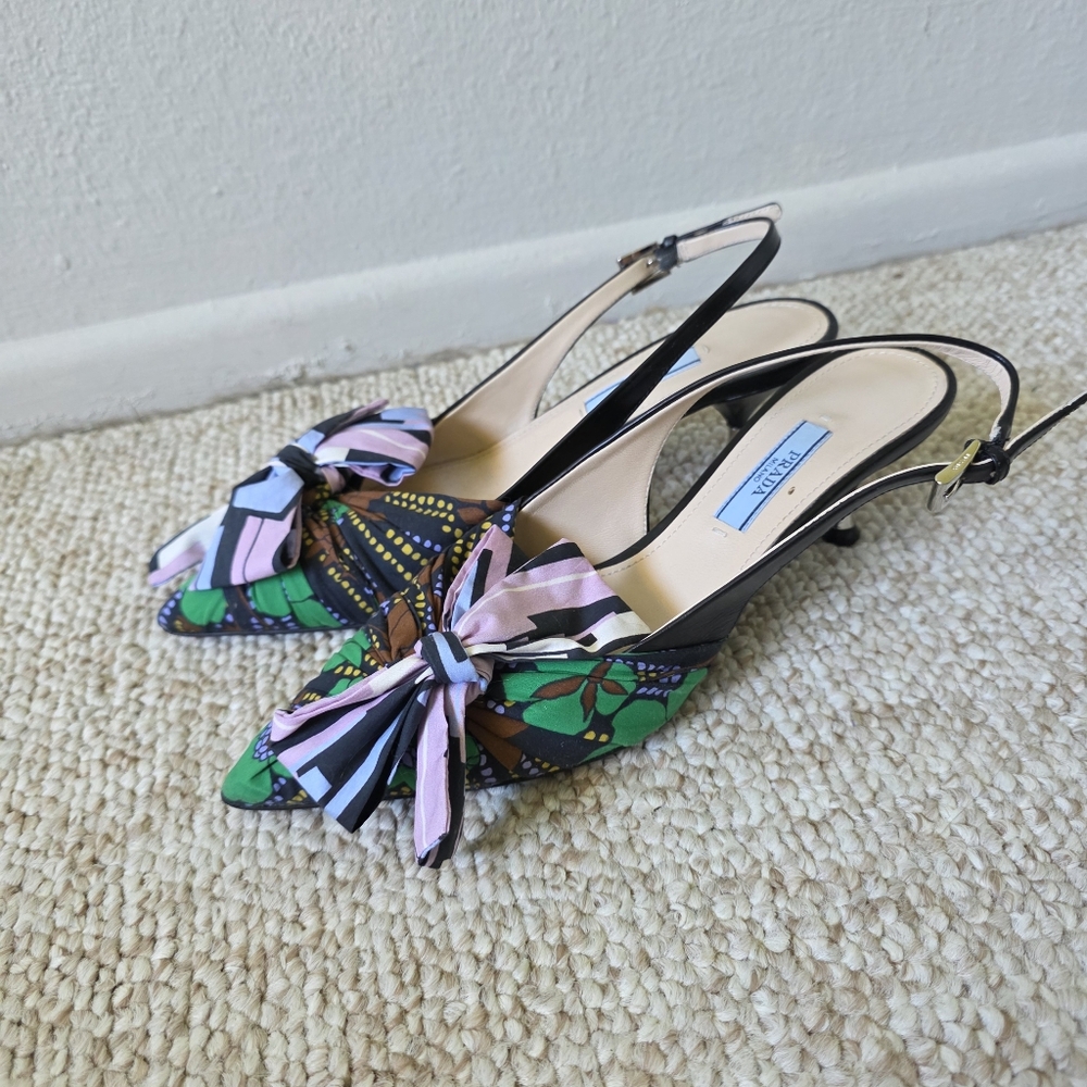 Prada Green And Purple Patterened Bow Kitten Heels Size 35.5 - Picture 2 of 9
